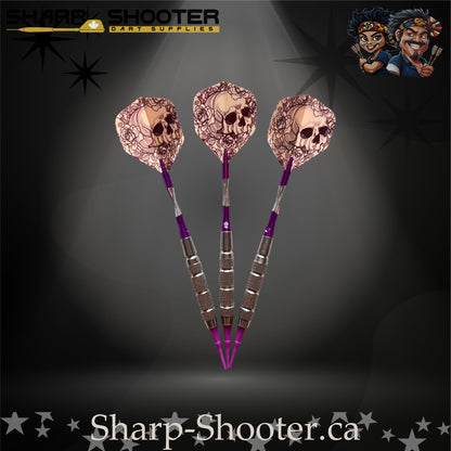 Royal Bones soft tip dart set with SD09 barrels, purple shafts, skull flights, Dominion Gift Case – Sharp Shooter Dart Supplies.