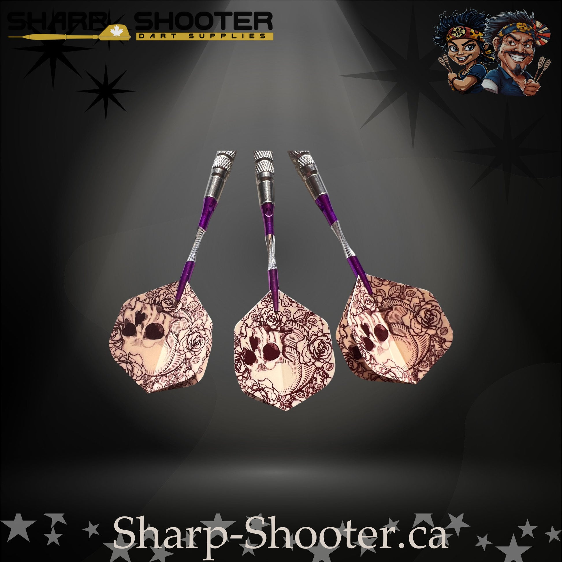 Royal Bones soft tip dart set with SD09 barrels, purple shafts, skull flights, Dominion Gift Case – Sharp Shooter Dart Supplies.