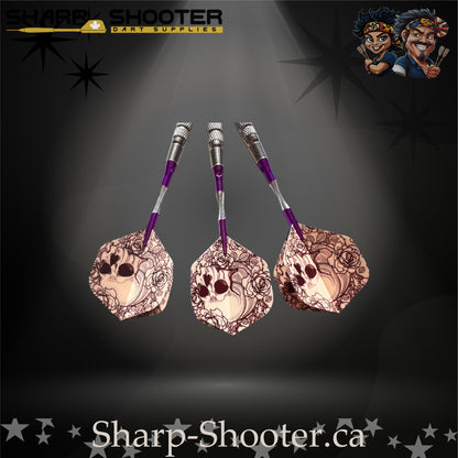 Royal Bones soft tip dart set with SD09 barrels, purple shafts, skull flights, Dominion Gift Case – Sharp Shooter Dart Supplies.