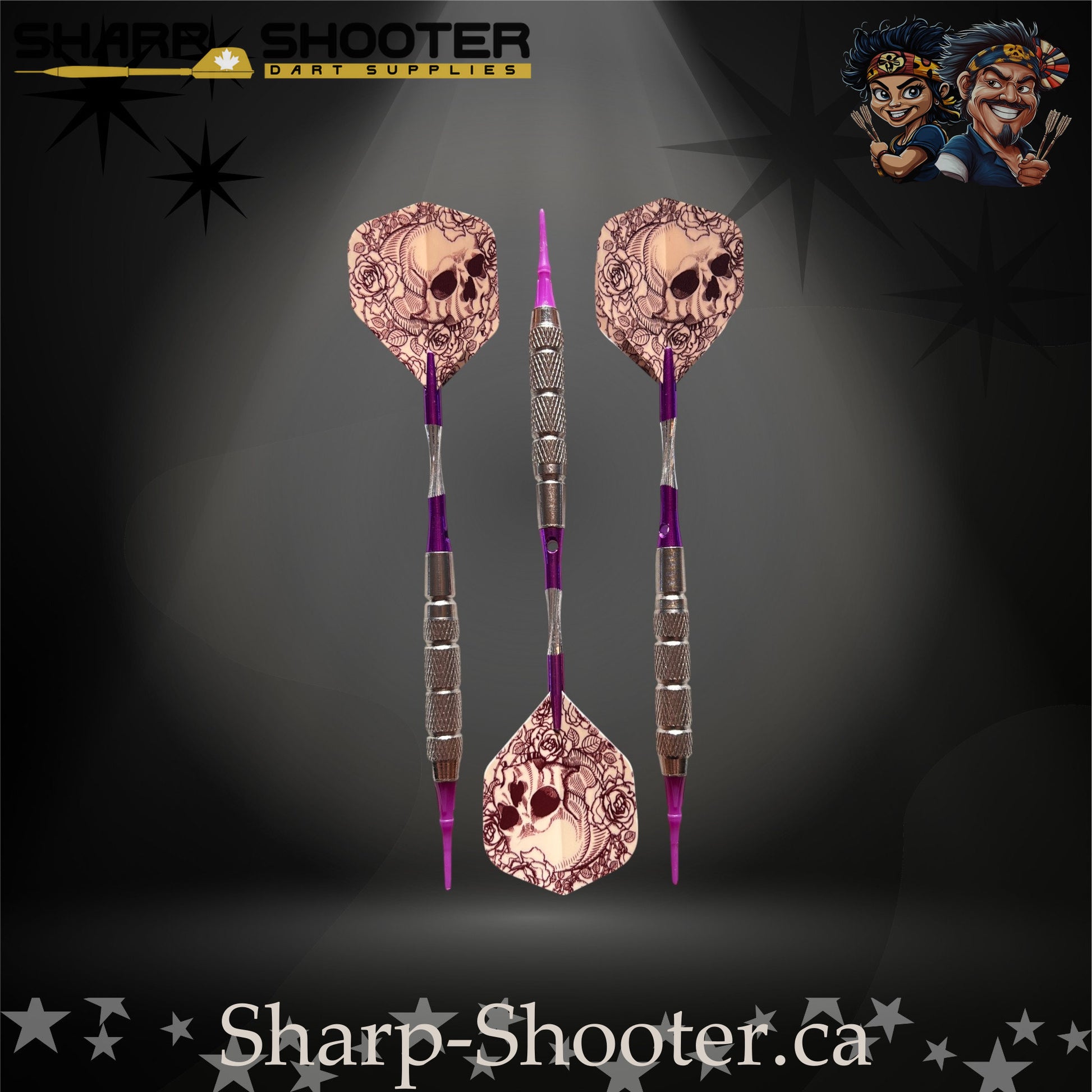Royal Bones soft tip dart set with SD09 barrels, purple shafts, skull flights, Dominion Gift Case – Sharp Shooter Dart Supplies.