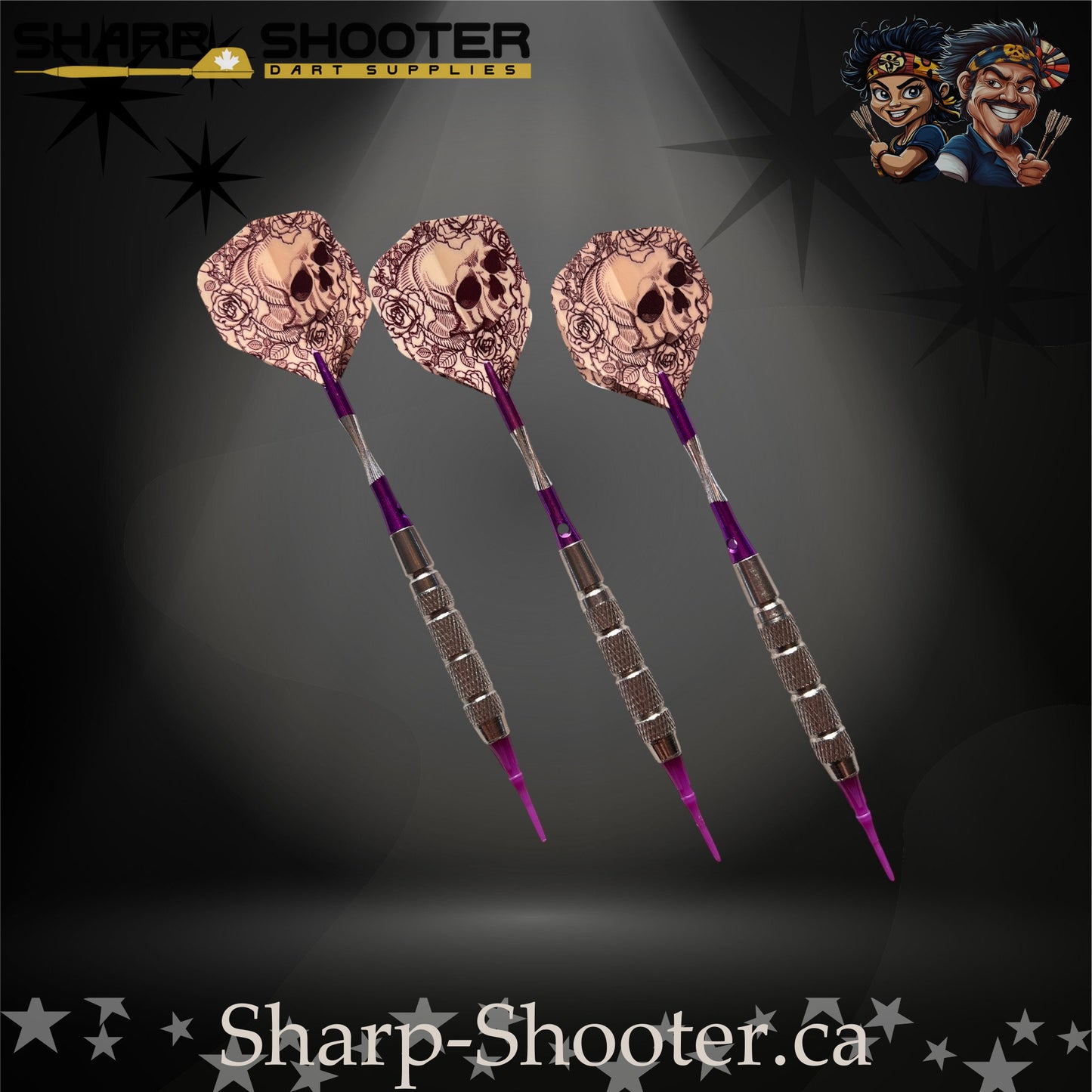Royal Bones soft tip dart set with SD09 barrels, purple shafts, skull flights, Dominion Gift Case – Sharp Shooter Dart Supplies.