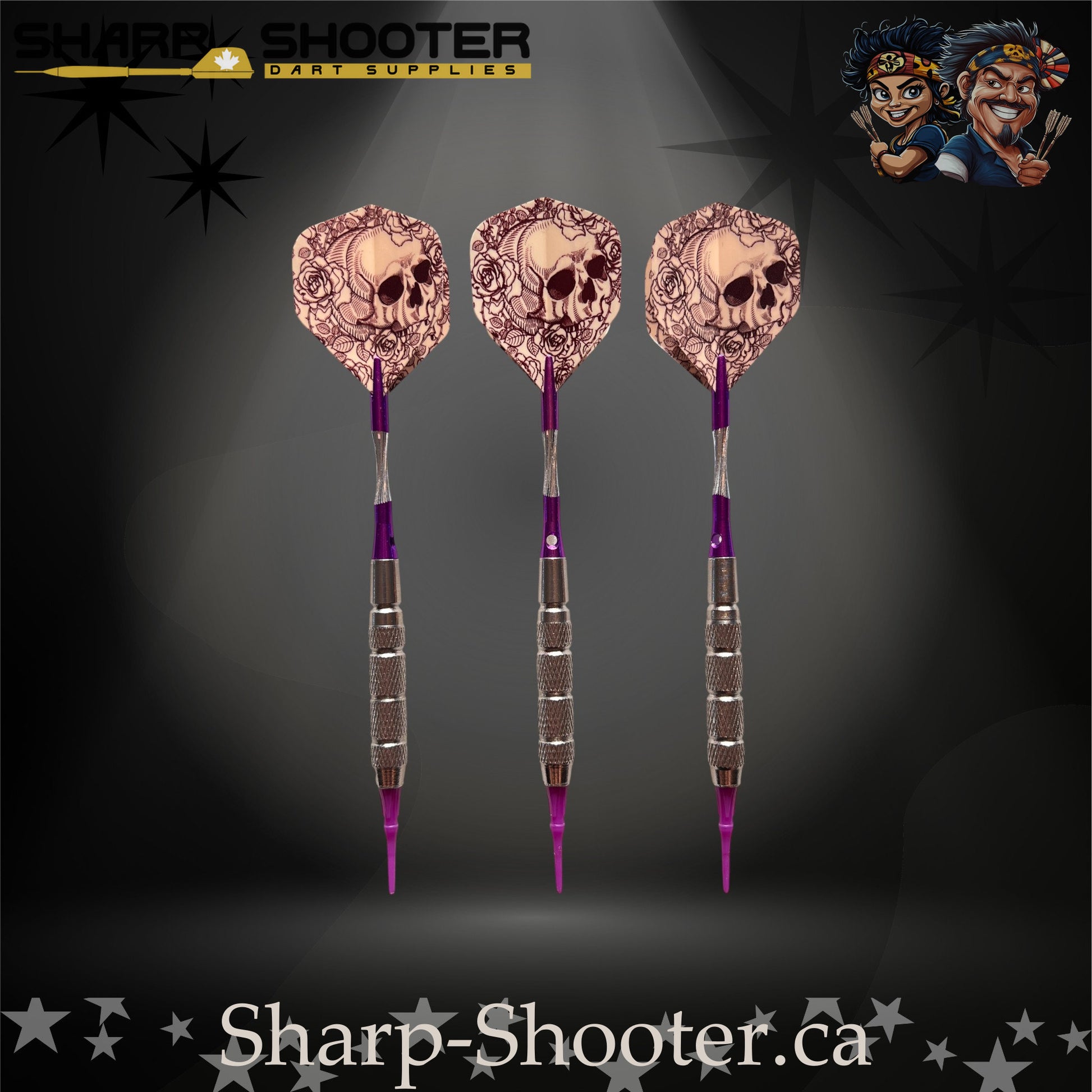 Royal Bones soft tip dart set with SD09 barrels, purple shafts, skull flights, Dominion Gift Case – Sharp Shooter Dart Supplies.