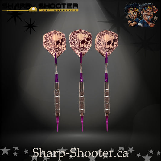 Royal Bones soft tip dart set with SD09 barrels, purple shafts, skull flights, Dominion Gift Case – Sharp Shooter Dart Supplies.