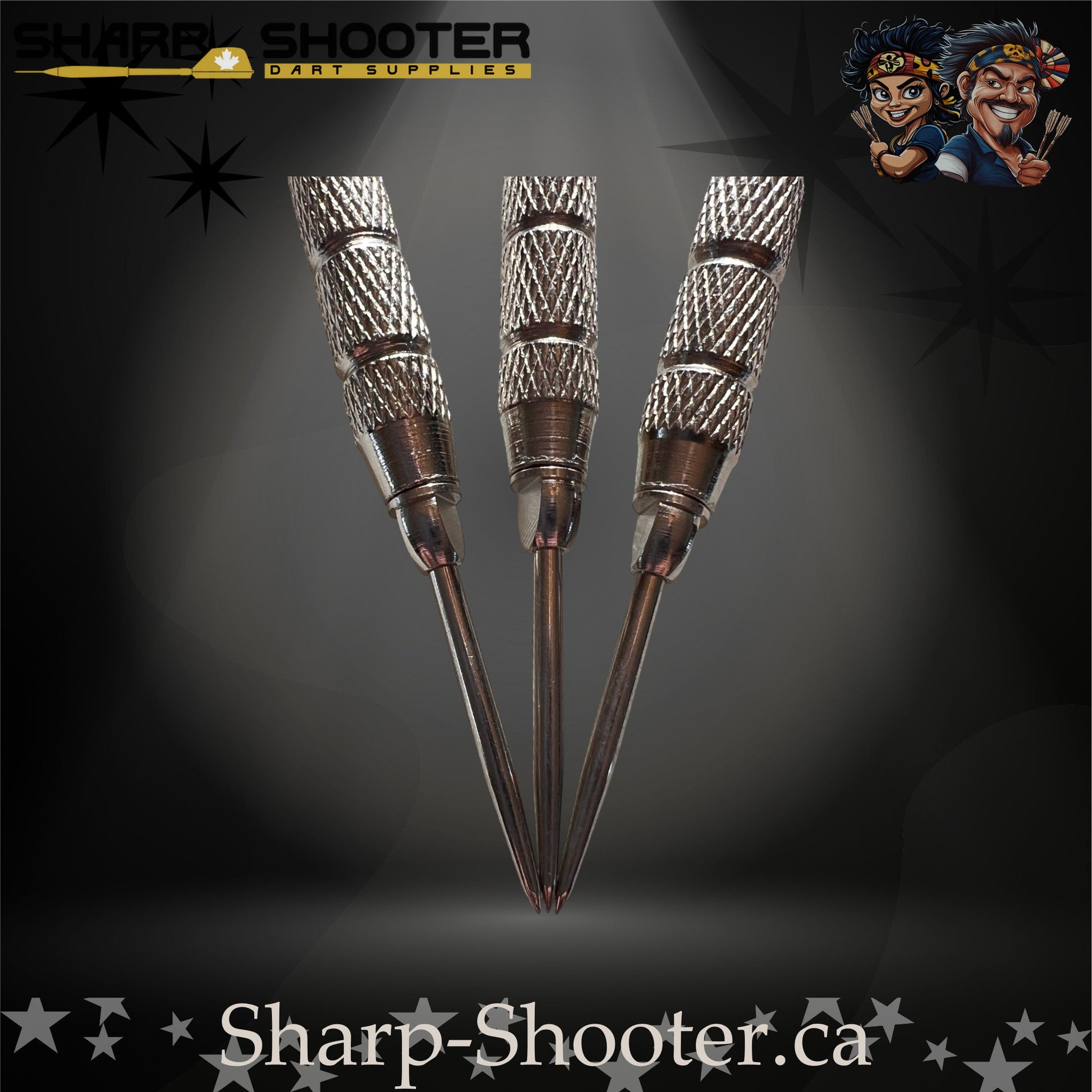 Royal Bones-S steel tip dart set with SD09 barrels, slim steel tips, purple shafts, skull flights, Dominion Gift Case