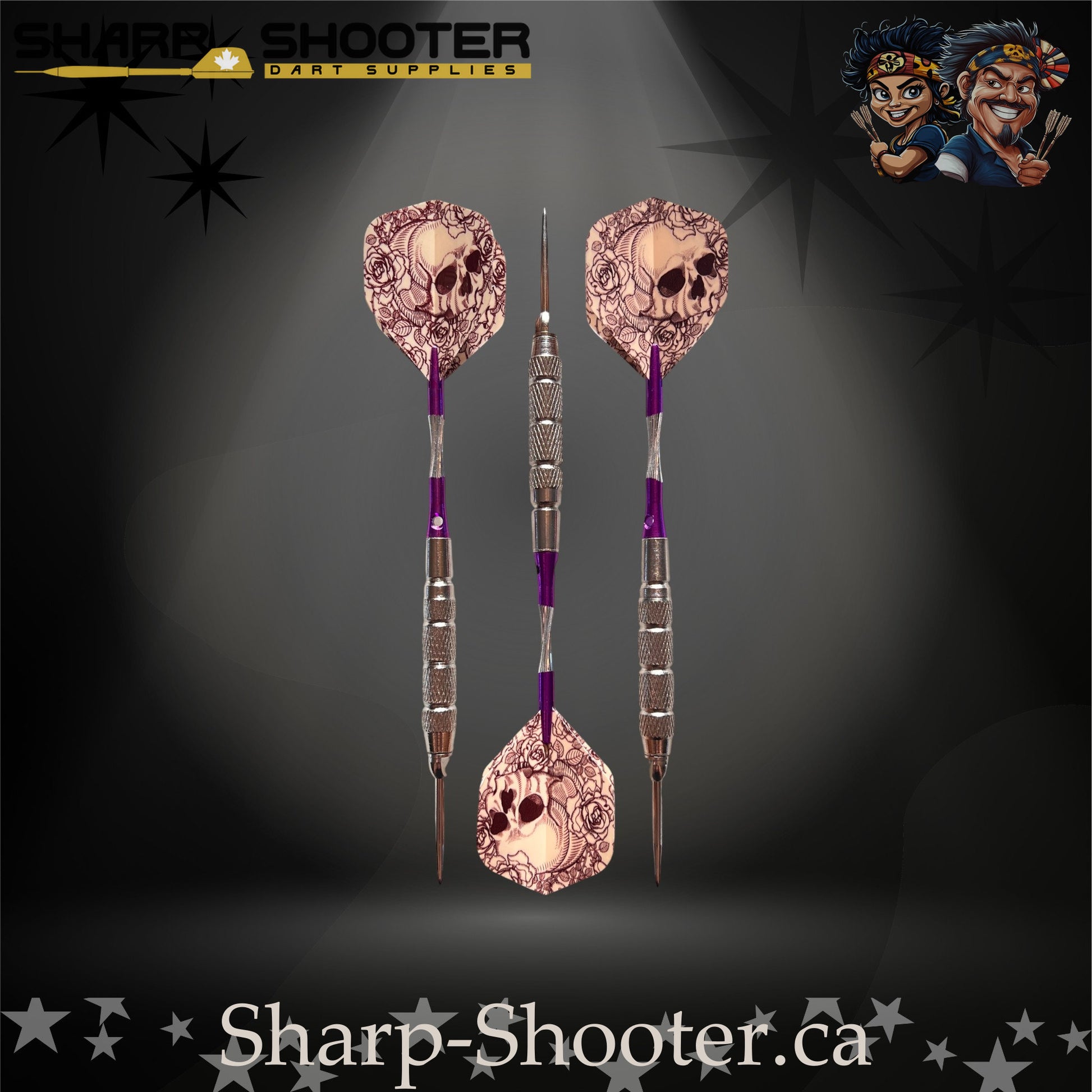 Royal Bones-S steel tip dart set with SD09 barrels, slim steel tips, purple shafts, skull flights, Dominion Gift Case