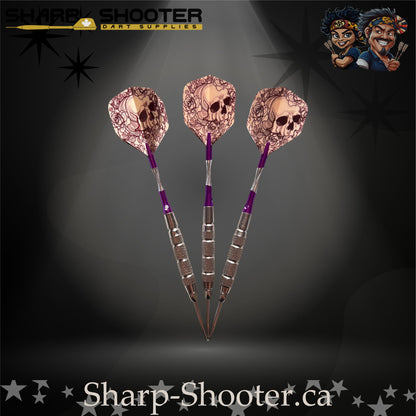 Royal Bones-S steel tip dart set with SD09 barrels, slim steel tips, purple shafts, skull flights, Dominion Gift Case