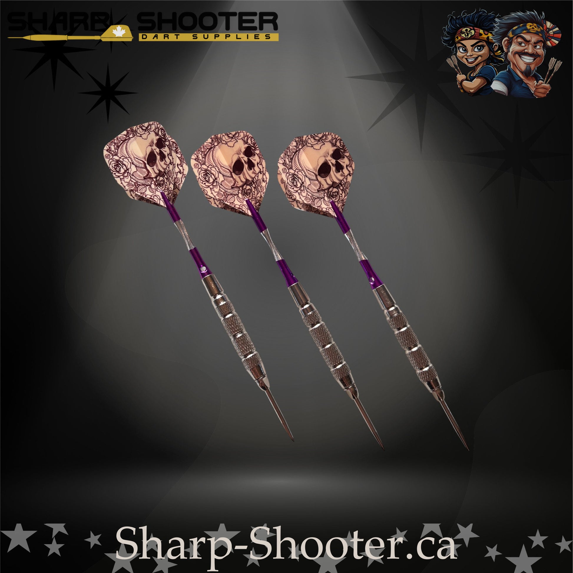 Royal Bones-S steel tip dart set with SD09 barrels, slim steel tips, purple shafts, skull flights, Dominion Gift Case