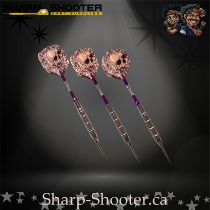 Royal Bones-S steel tip dart set with SD09 barrels, slim steel tips, purple shafts, skull flights, Dominion Gift Case