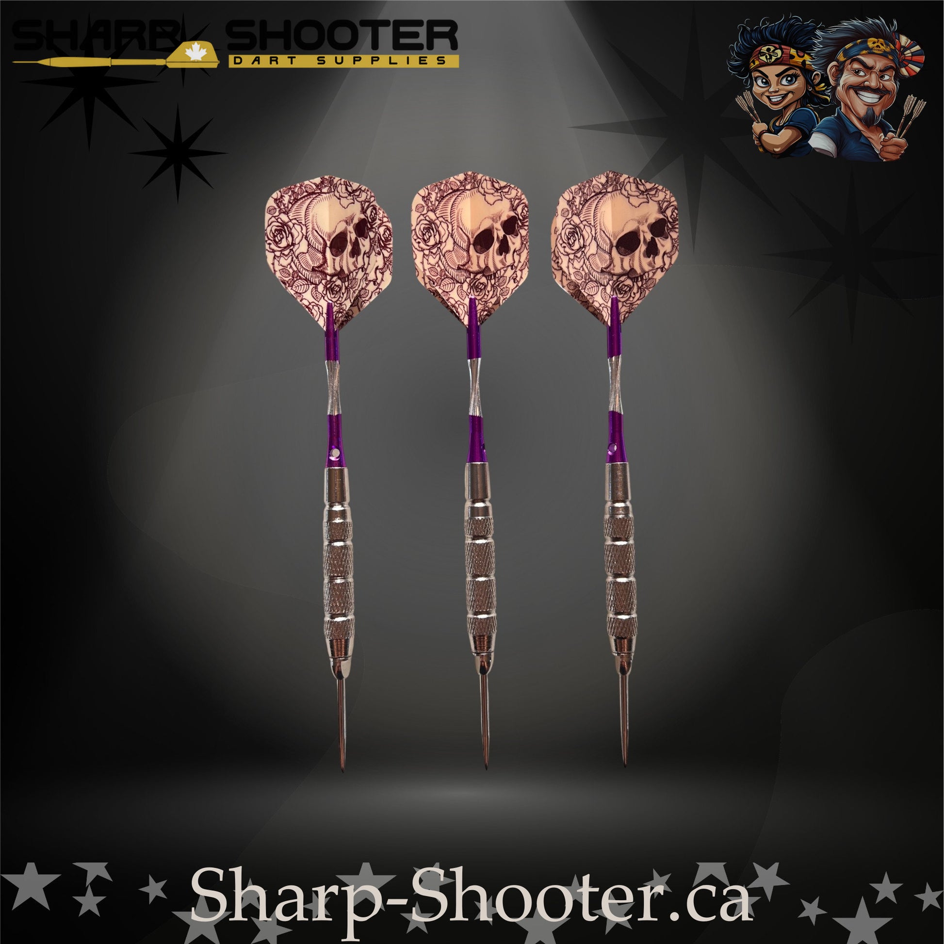 Royal Bones-S steel tip dart set with SD09 barrels, slim steel tips, purple shafts, skull flights, Dominion Gift Case