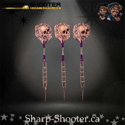 Royal Bones-S steel tip dart set with SD09 barrels, slim steel tips, purple shafts, skull flights, Dominion Gift Case