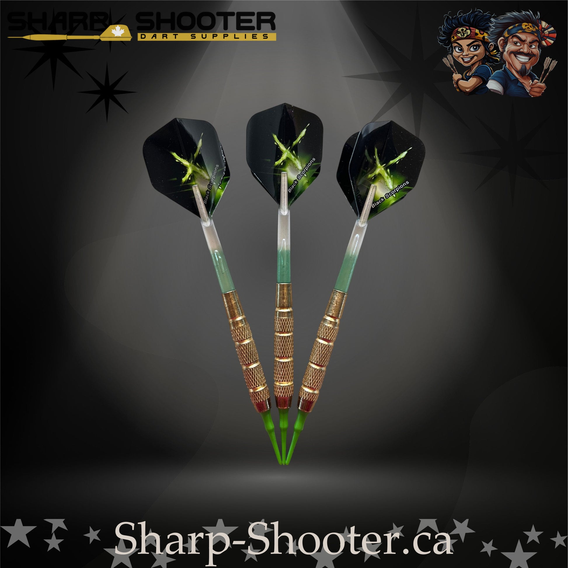 Sniper soft-tip dart set featuring gold knurled barrels, green-gradient shafts and green energy burst flights, displayed on a dark spotlight background.