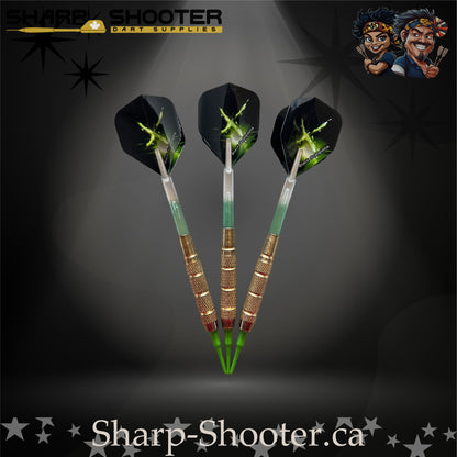 Sniper soft-tip dart set featuring gold knurled barrels, green-gradient shafts and green energy burst flights, displayed on a dark spotlight background.