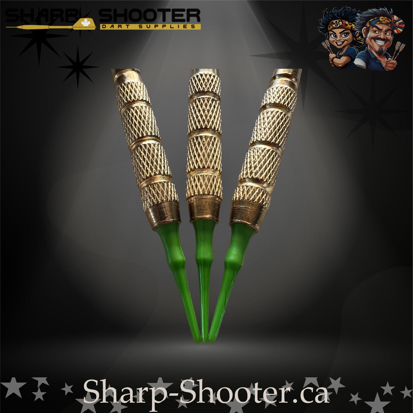 Sniper soft-tip dart set featuring gold knurled barrels, green-gradient shafts and green energy burst flights, displayed on a dark spotlight background.