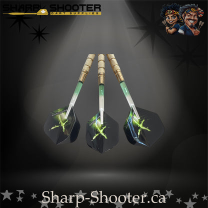 Sniper soft-tip dart set featuring gold knurled barrels, green-gradient shafts and green energy burst flights, displayed on a dark spotlight background.