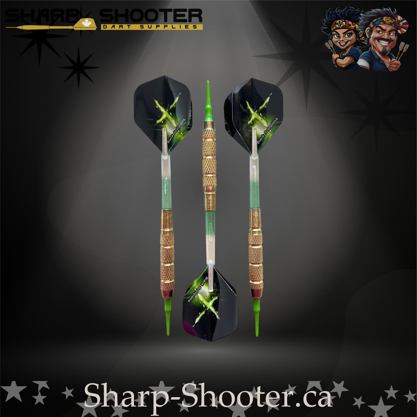 Sniper soft-tip dart set featuring gold knurled barrels, green-gradient shafts and green energy burst flights, displayed on a dark spotlight background.