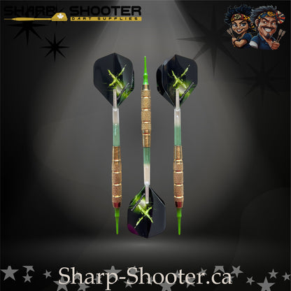 Sniper soft-tip dart set featuring gold knurled barrels, green-gradient shafts and green energy burst flights, displayed on a dark spotlight background.
