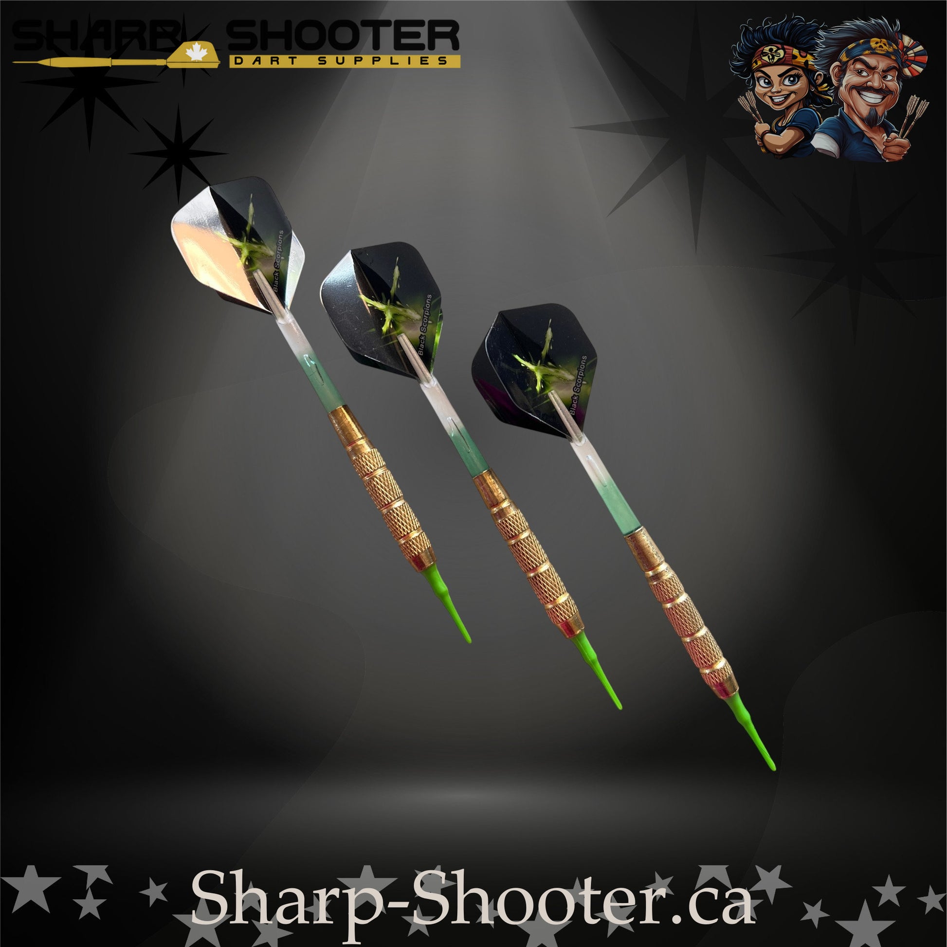 Sniper soft-tip dart set featuring gold knurled barrels, green-gradient shafts and green energy burst flights, displayed on a dark spotlight background.