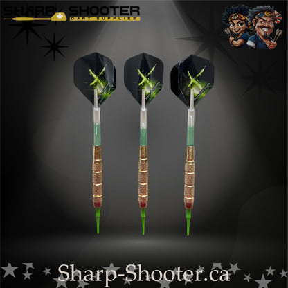 Sniper soft-tip dart set featuring gold knurled barrels, green-gradient shafts and green energy burst flights, displayed on a dark spotlight background.