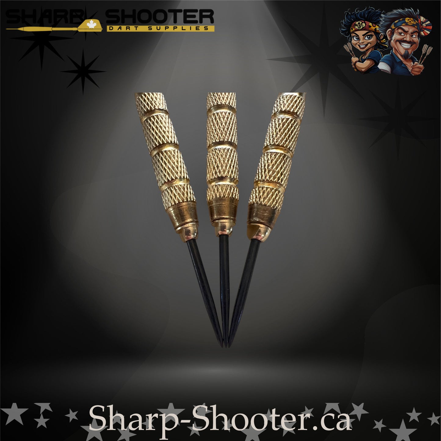 Sniper steel-tip dart set with gold knurled barrels, green-gradient shafts and green energy burst flights on a dark spotlight background.