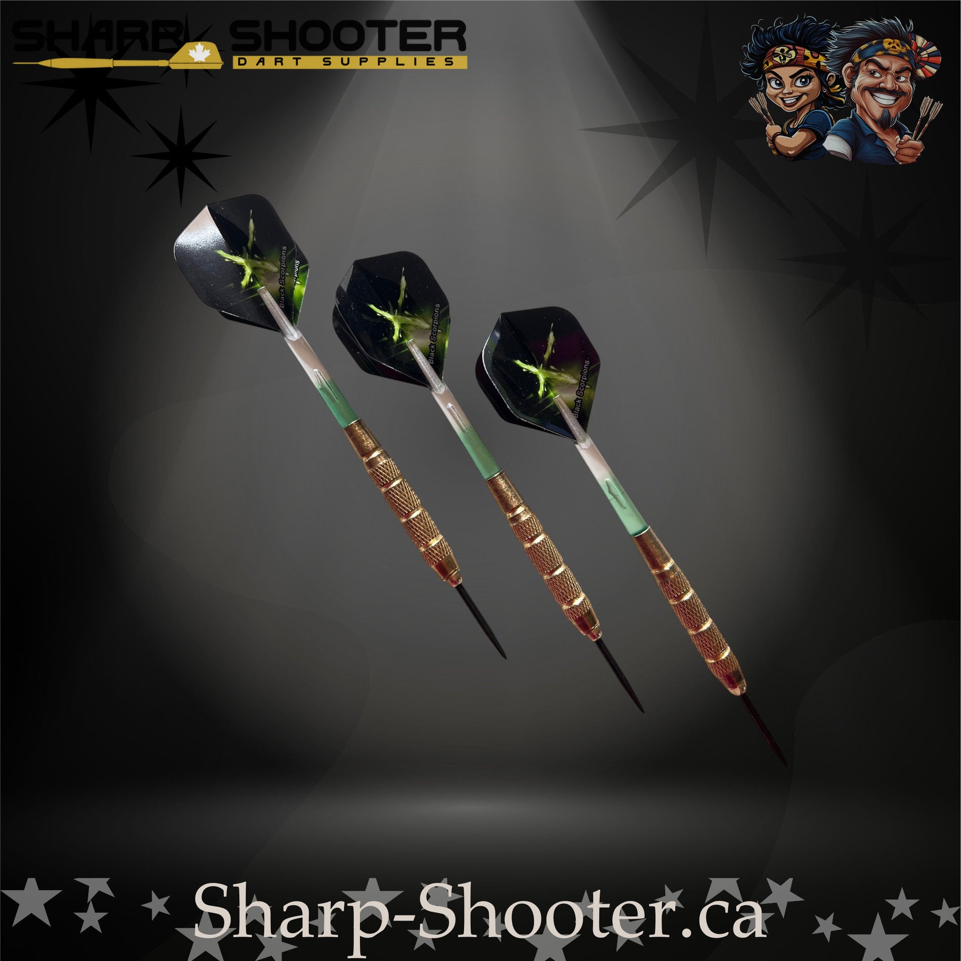 Sniper steel-tip dart set with gold knurled barrels, green-gradient shafts and green energy burst flights on a dark spotlight background.