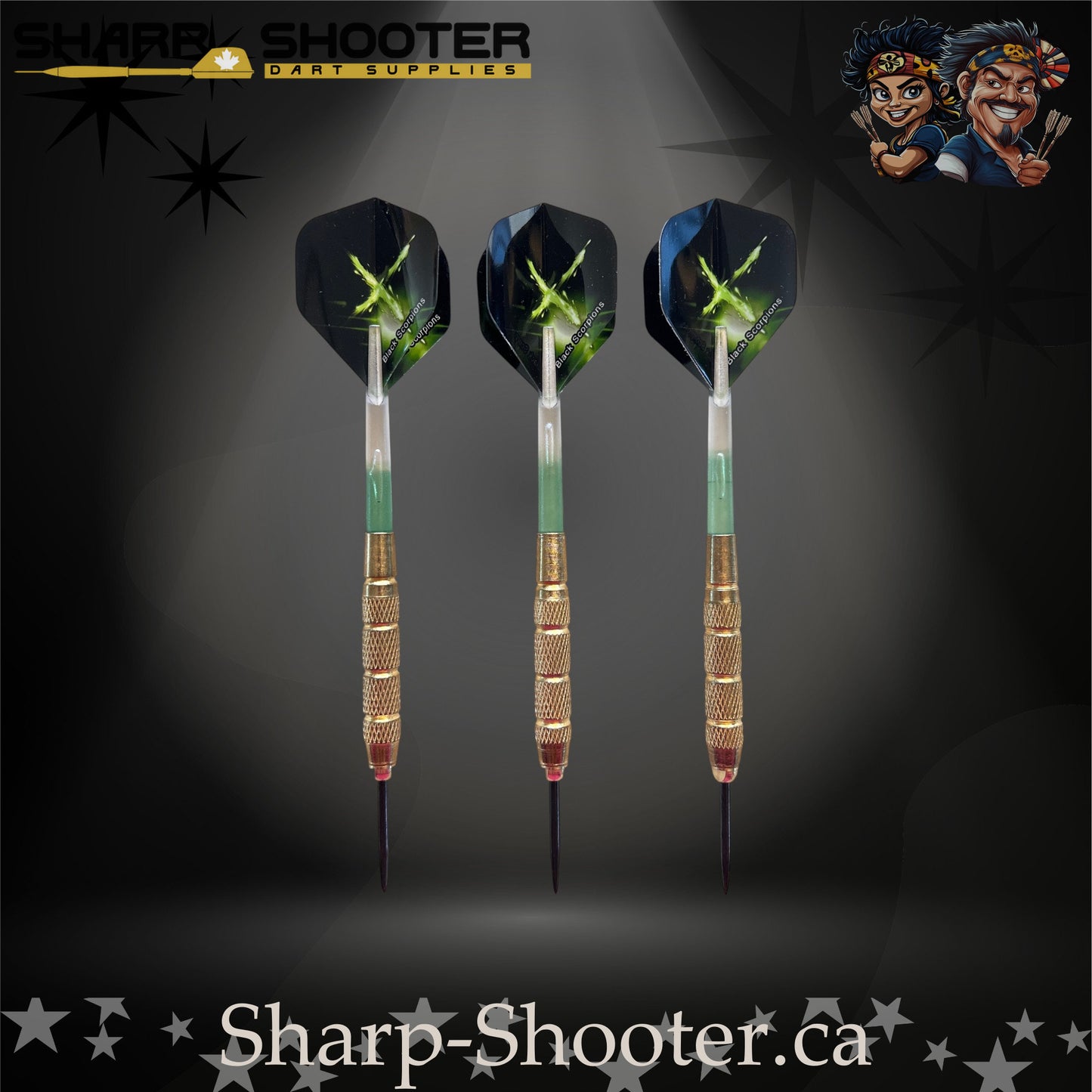 Sniper steel-tip dart set with gold knurled barrels, green-gradient shafts and green energy burst flights on a dark spotlight background.