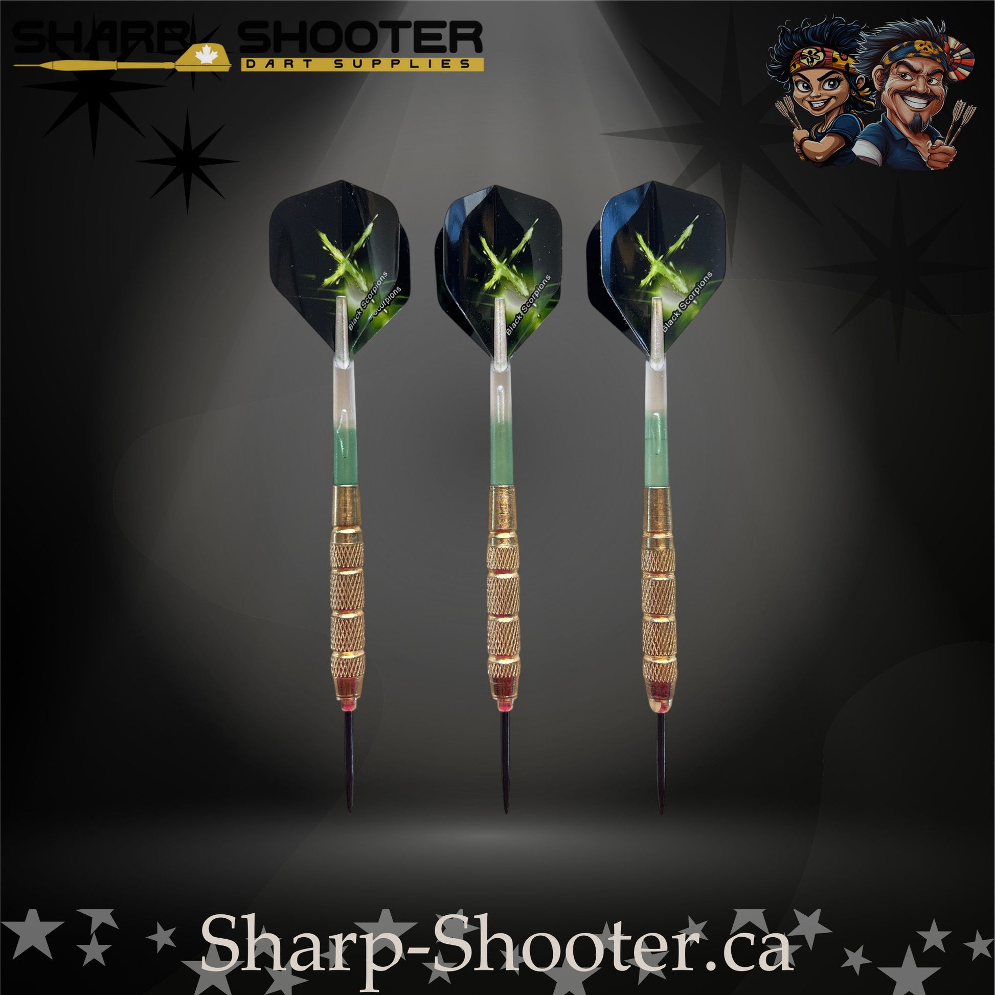 Sniper steel-tip dart set with gold knurled barrels, green-gradient shafts and green energy burst flights on a dark spotlight background.