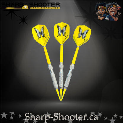 Sundance soft tip dart set with SD03 silver barrels, yellow shafts, soft tips, and butterfly flights – Sharp Shooter Dart Supplies.