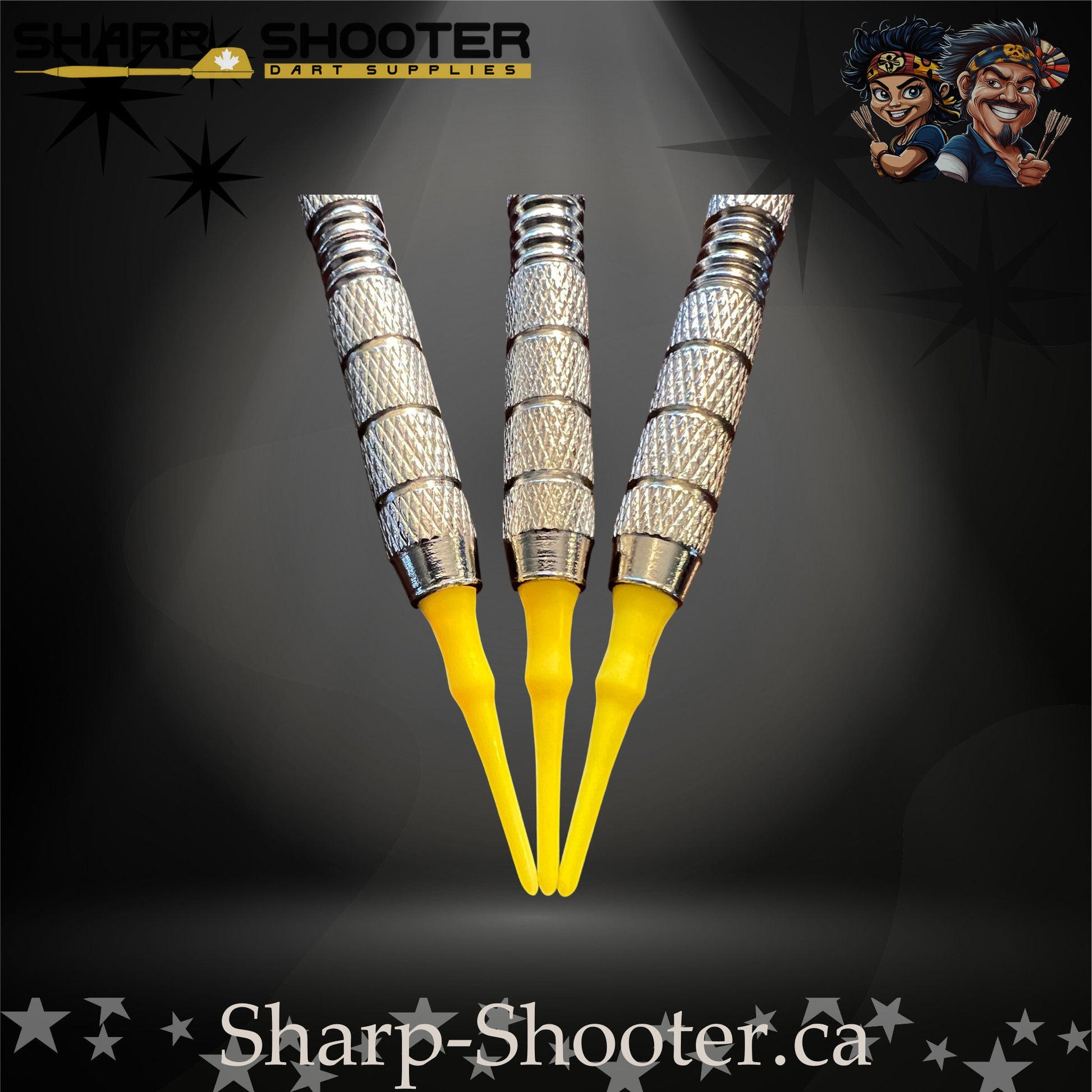 Sundance soft tip dart set with SD03 silver barrels, yellow shafts, soft tips, and butterfly flights – Sharp Shooter Dart Supplies.