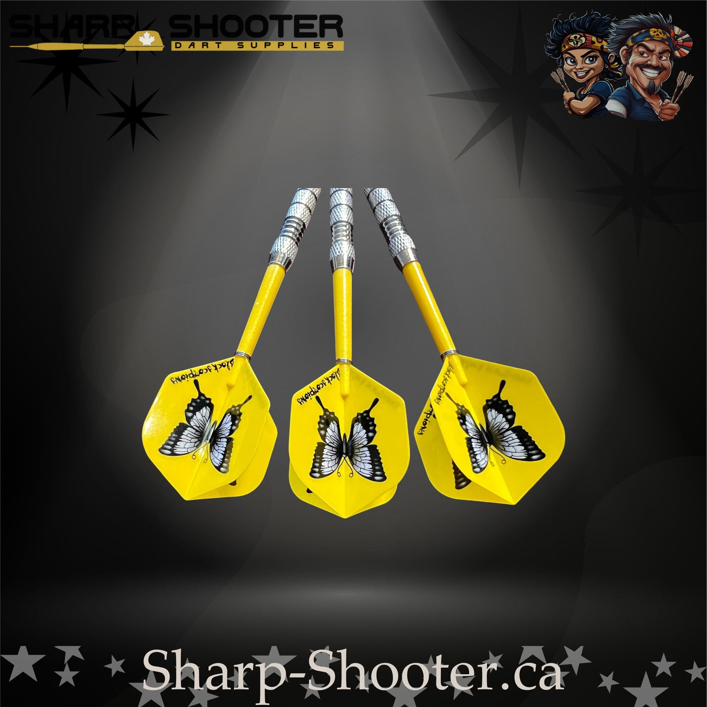 Sundance soft tip dart set with SD03 silver barrels, yellow shafts, soft tips, and butterfly flights – Sharp Shooter Dart Supplies.