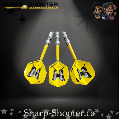 Sundance soft tip dart set with SD03 silver barrels, yellow shafts, soft tips, and butterfly flights – Sharp Shooter Dart Supplies.