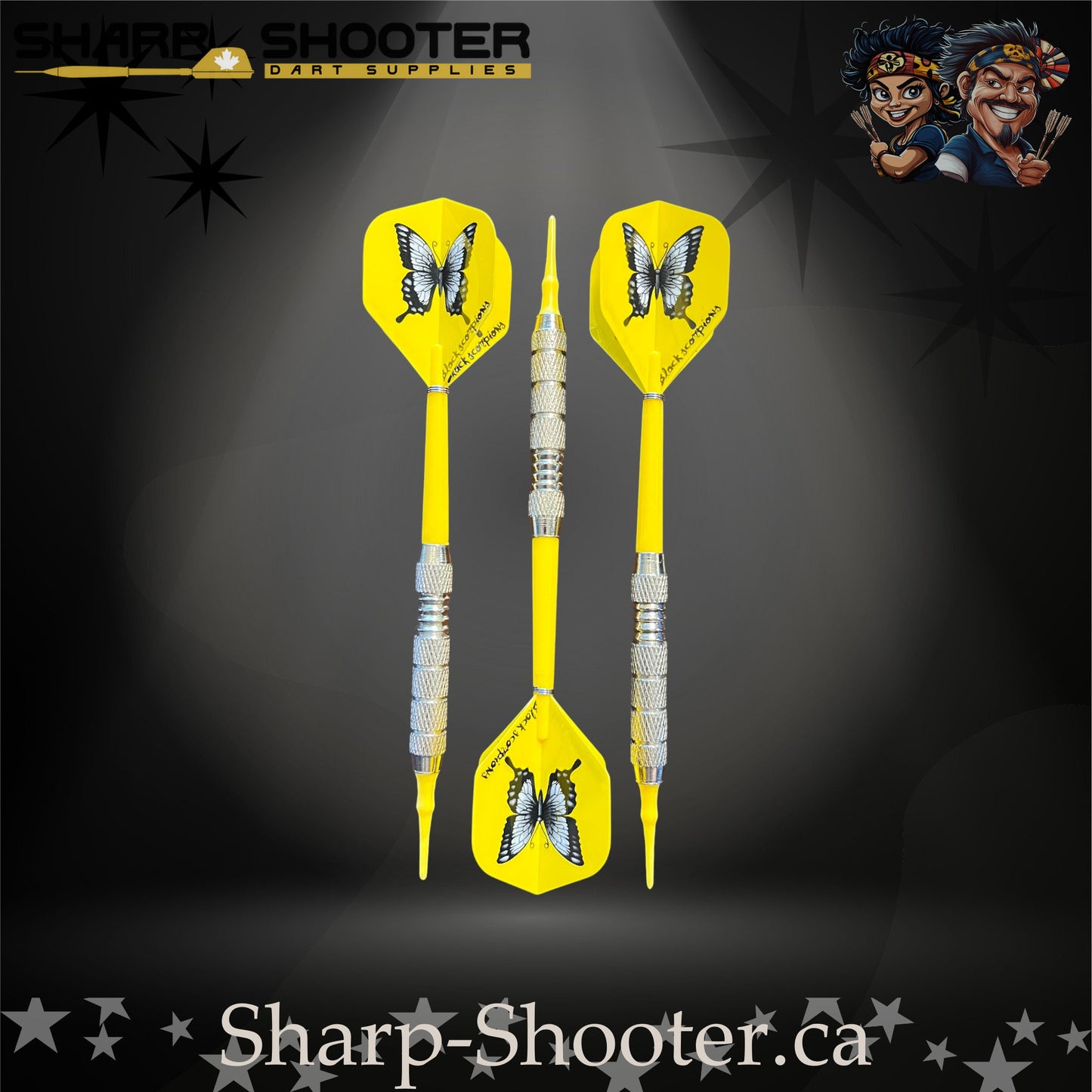 Sundance soft tip dart set with SD03 silver barrels, yellow shafts, soft tips, and butterfly flights – Sharp Shooter Dart Supplies.