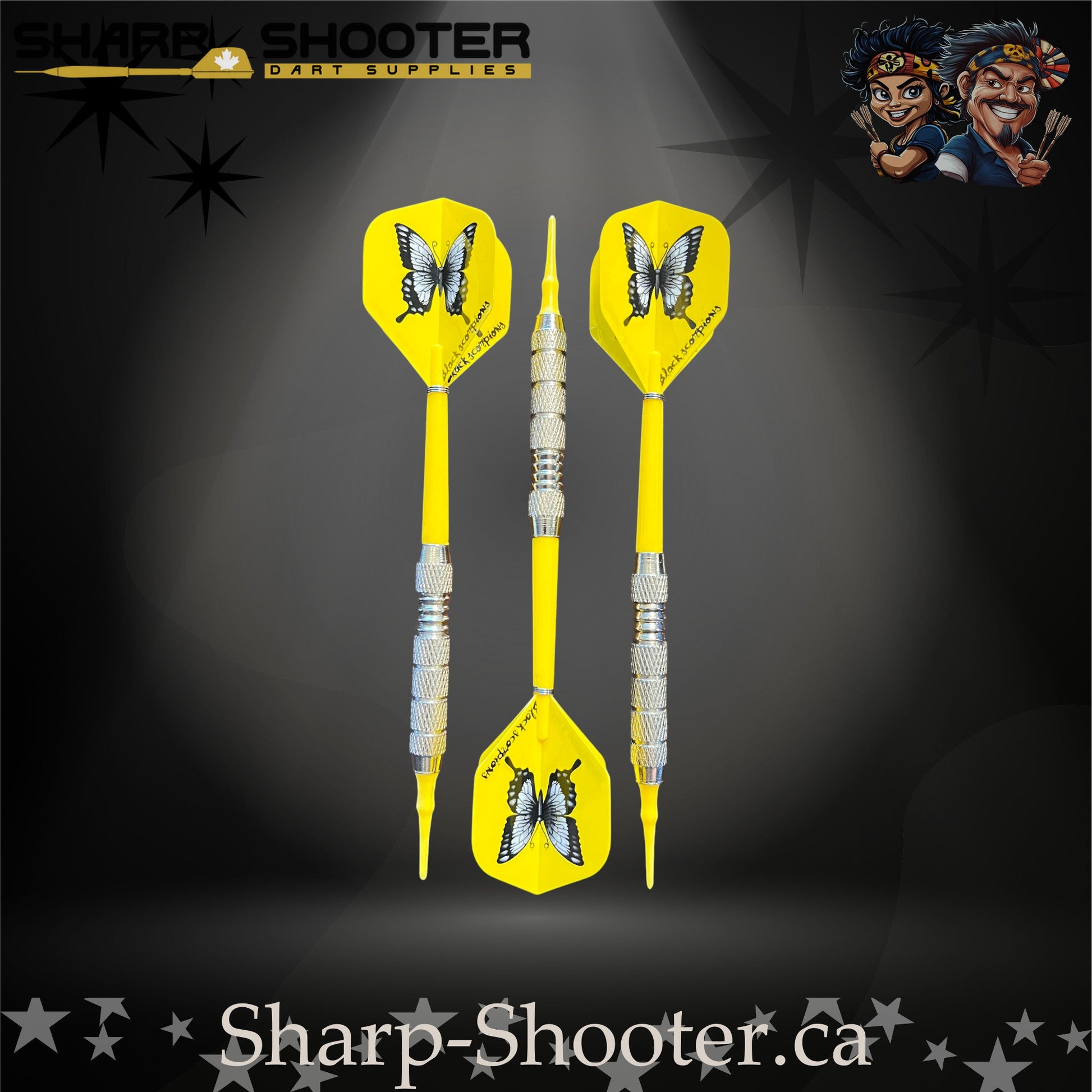 Sundance soft tip dart set with SD03 silver barrels, yellow shafts, soft tips, and butterfly flights – Sharp Shooter Dart Supplies.