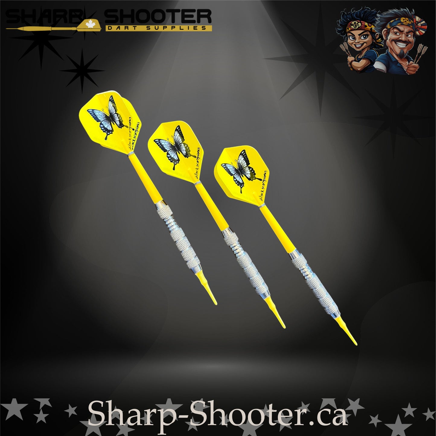 Sundance soft tip dart set with SD03 silver barrels, yellow shafts, soft tips, and butterfly flights – Sharp Shooter Dart Supplies.