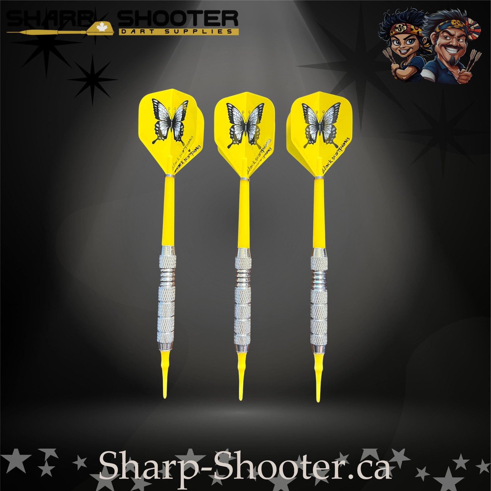 Sundance soft tip dart set with SD03 silver barrels, yellow shafts, soft tips, and butterfly flights – Sharp Shooter Dart Supplies.