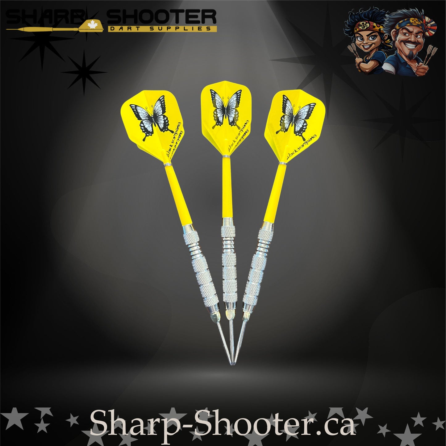 Sundance-S steel tip dart set with SD03 silver barrels, slim steel tips, yellow shafts, and butterfly flights – Sharp Shooter Dart Supplies