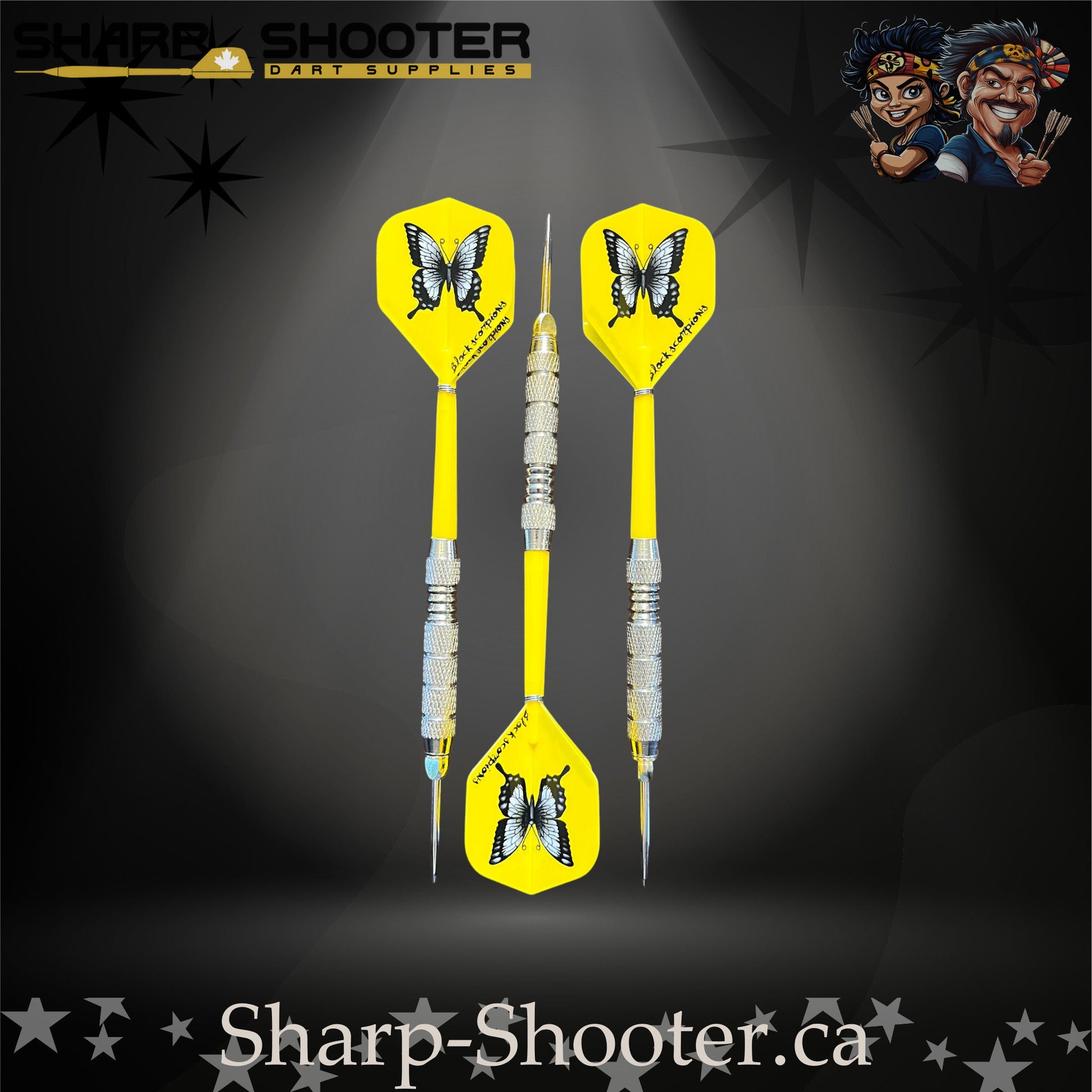 Sundance-S steel tip dart set with SD03 silver barrels, slim steel tips, yellow shafts, and butterfly flights – Sharp Shooter Dart Supplies