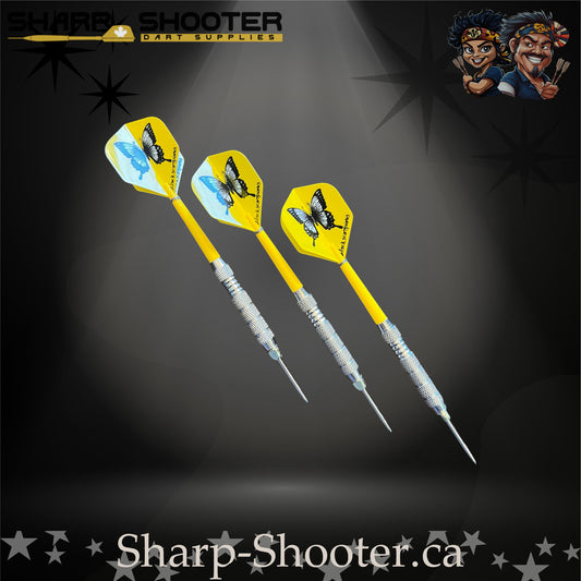 Sundance-S steel tip dart set with SD03 silver barrels, slim steel tips, yellow shafts, and butterfly flights – Sharp Shooter Dart Supplies