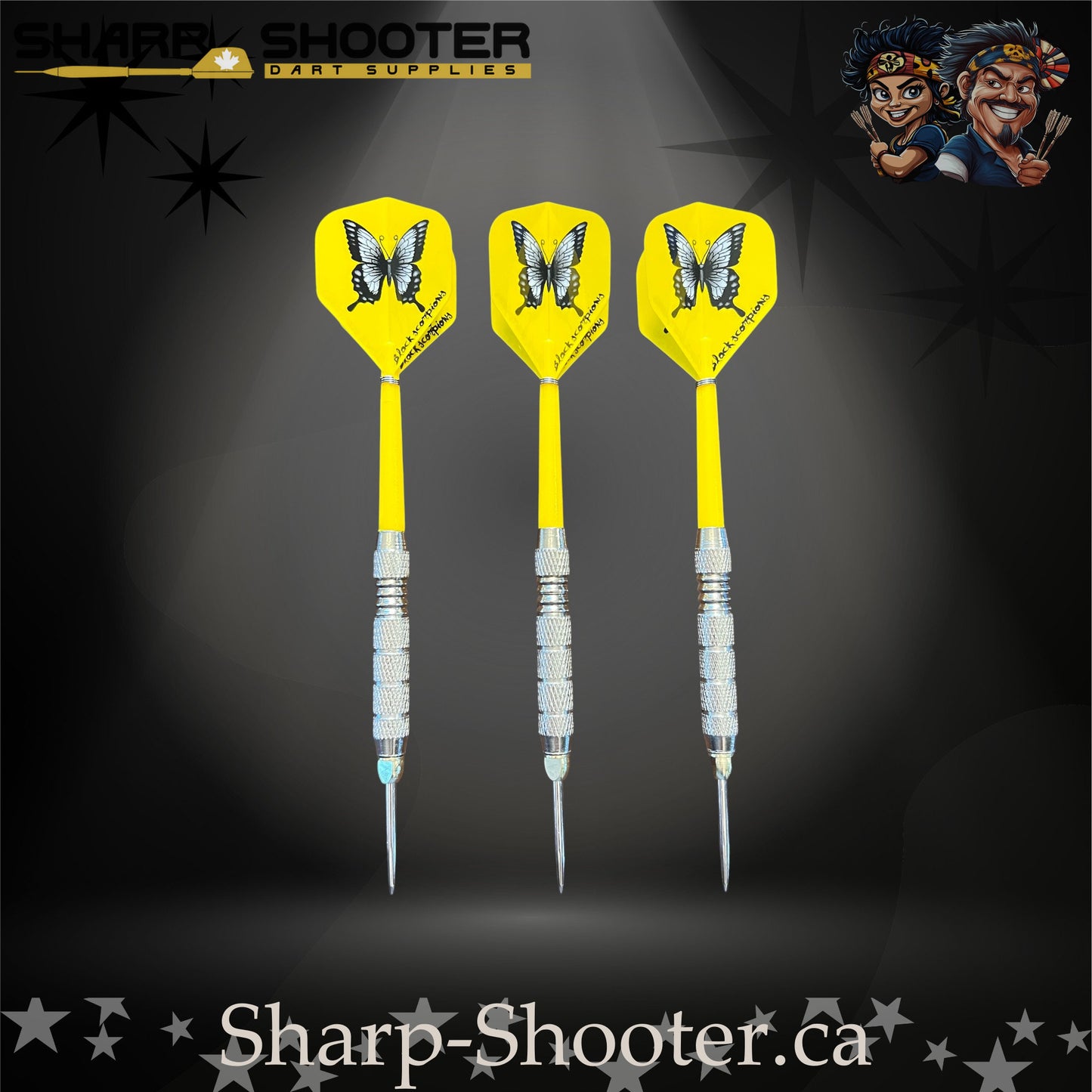 Sundance-S steel tip dart set with SD03 silver barrels, slim steel tips, yellow shafts, and butterfly flights – Sharp Shooter Dart Supplies