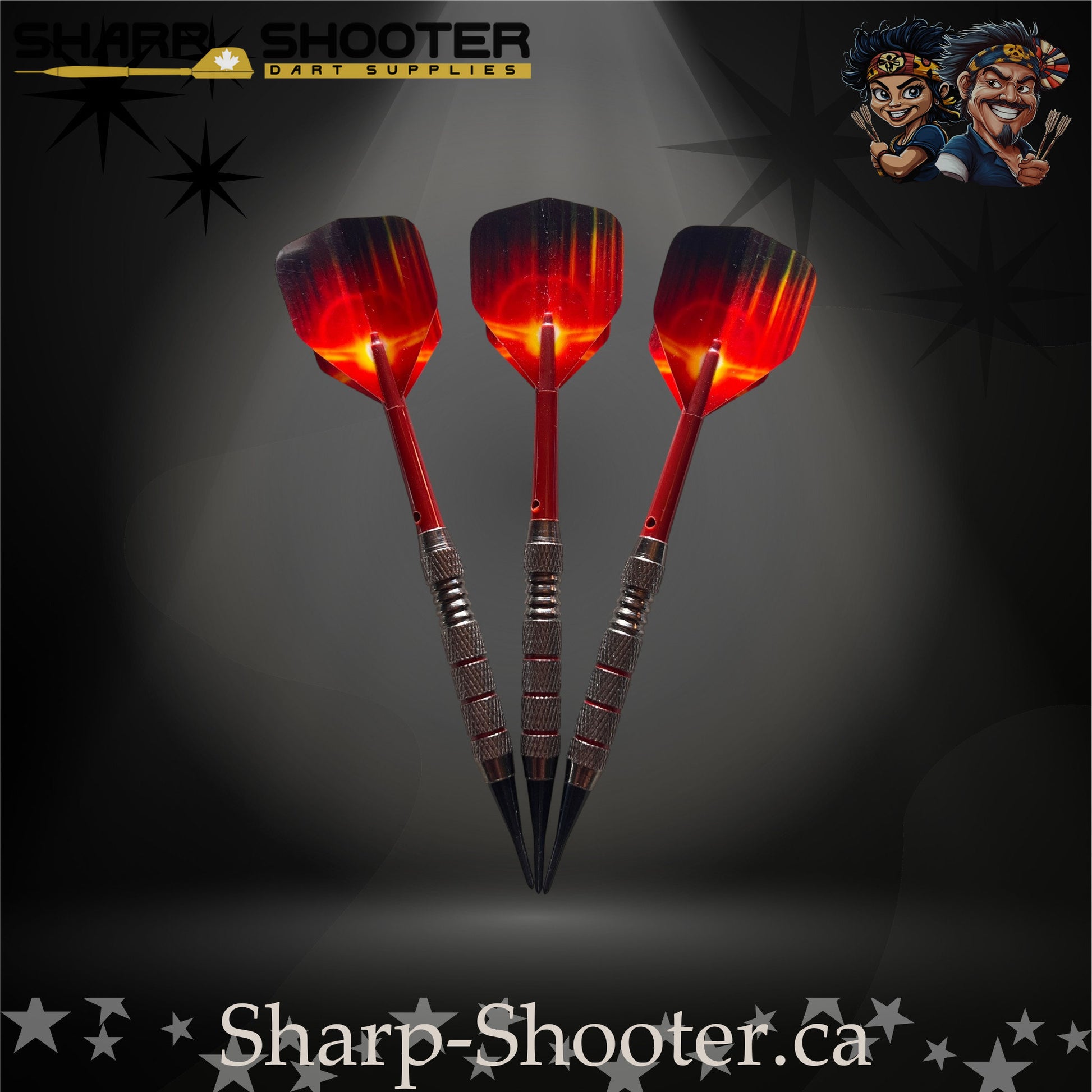 Sunset soft-tip dart set featuring red gradient flights, red shafts, silver ringed barrels, and black soft tips on a dark spotlight background.