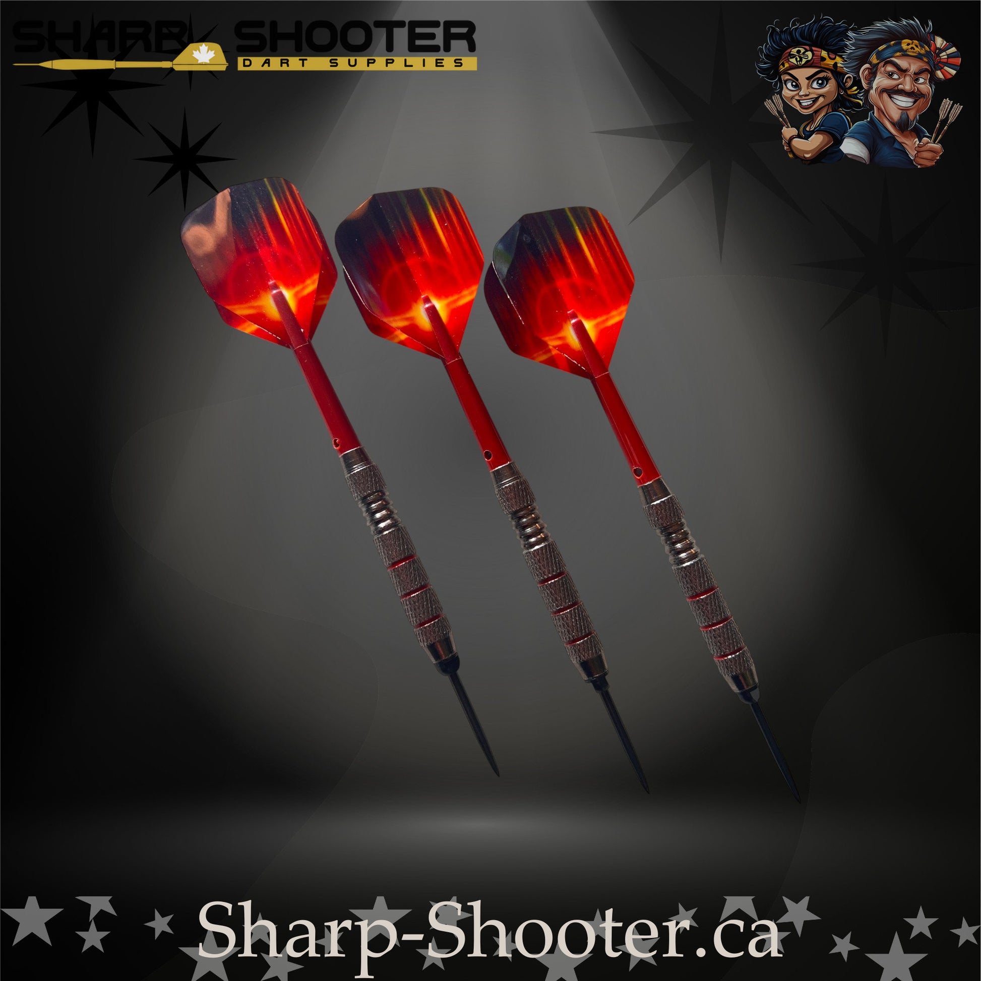 Sunset steel-tip dart set with red gradient flights, red shafts, and silver ringed barrels on a dark spotlight background.