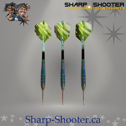 The Guardian steel dart set featuring oil-slick copper Mirage Strike barrels, bright green flights, matching plastic shafts with aluminum shaft rings, and steel tips arranged on a neutral grey studio background
