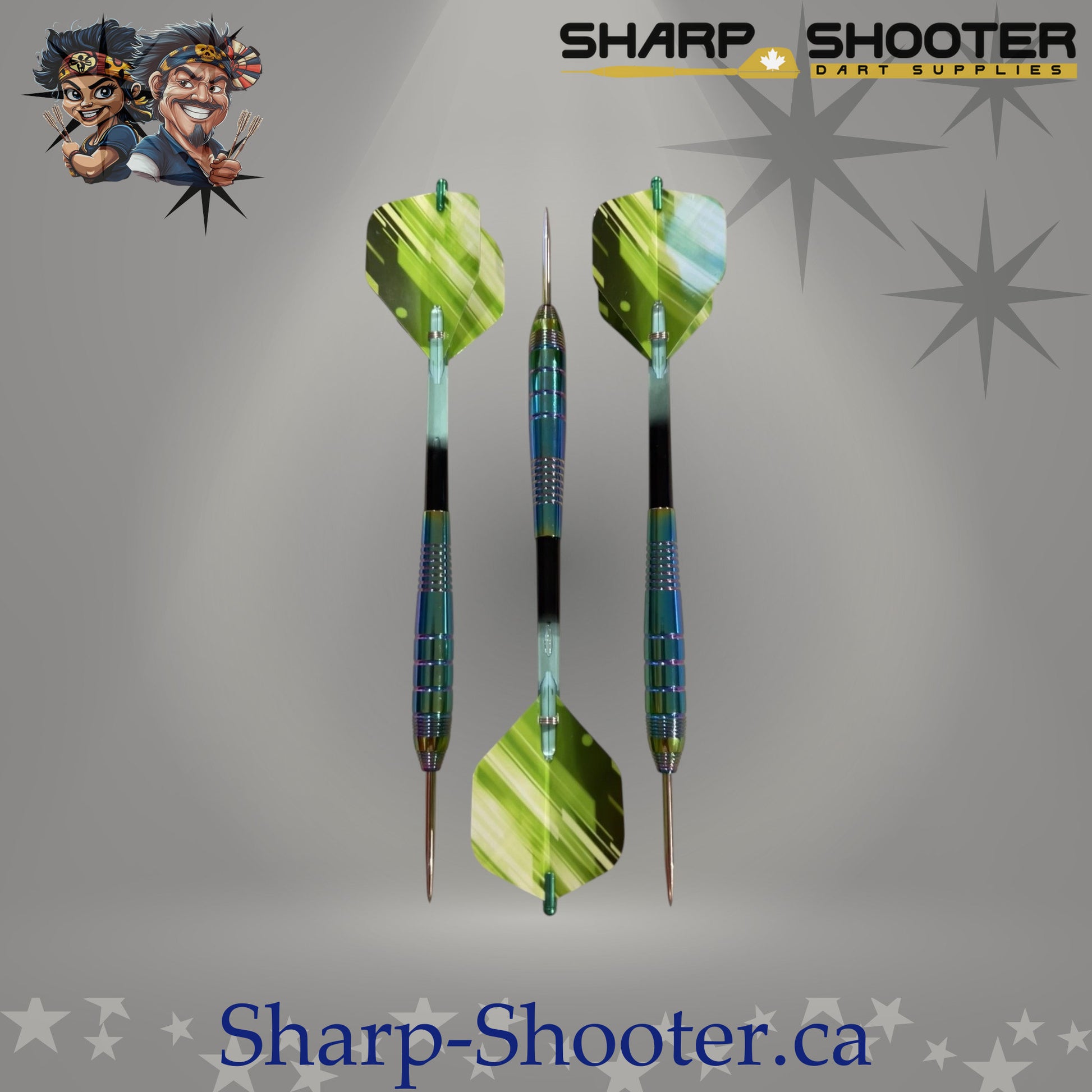 The Guardian steel dart set featuring oil-slick copper Mirage Strike barrels, bright green flights, matching plastic shafts with aluminum shaft rings, and steel tips arranged on a neutral grey studio background