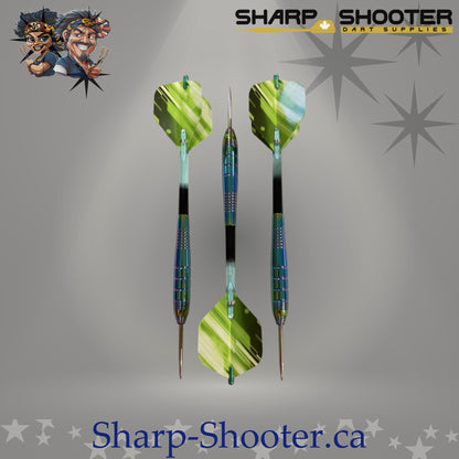 The Guardian steel dart set featuring oil-slick copper Mirage Strike barrels, bright green flights, matching plastic shafts with aluminum shaft rings, and steel tips arranged on a neutral grey studio background