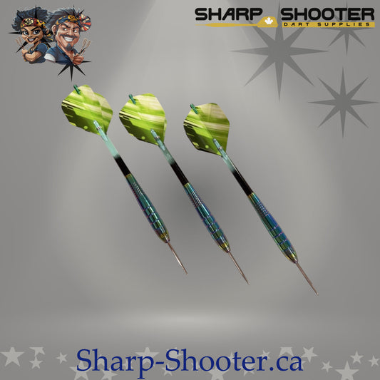 The Guardian steel dart set featuring oil-slick copper Mirage Strike barrels, bright green flights, matching plastic shafts with aluminum shaft rings, and steel tips arranged on a neutral grey studio background