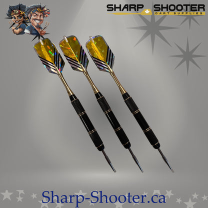 The Maestro steel dart set with straight copper barrels, aluminum shafts, and standard flights on grey studio background