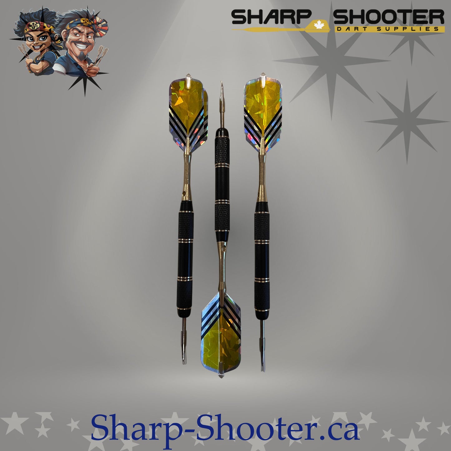 The Maestro steel dart set with straight copper barrels, aluminum shafts, and standard flights on grey studio background