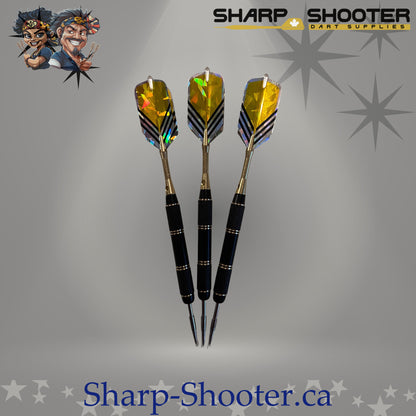 The Maestro steel dart set with straight copper barrels, aluminum shafts, and standard flights on grey studio background