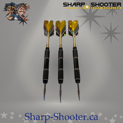 The Maestro steel dart set with straight copper barrels, aluminum shafts, and standard flights on grey studio background