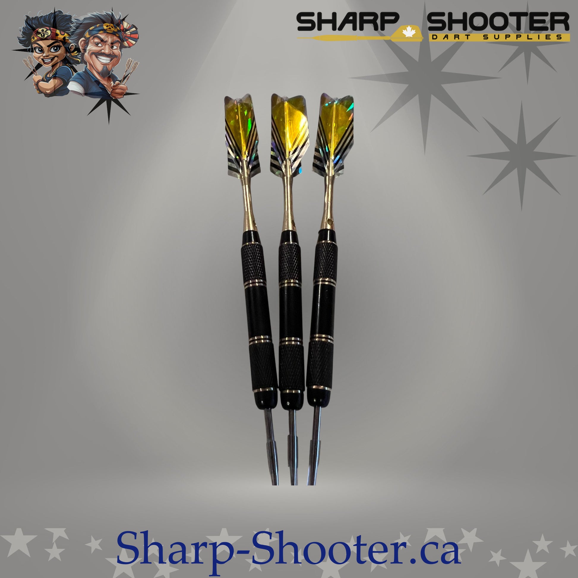 The Maestro steel dart set with straight copper barrels, aluminum shafts, and standard flights on grey studio background