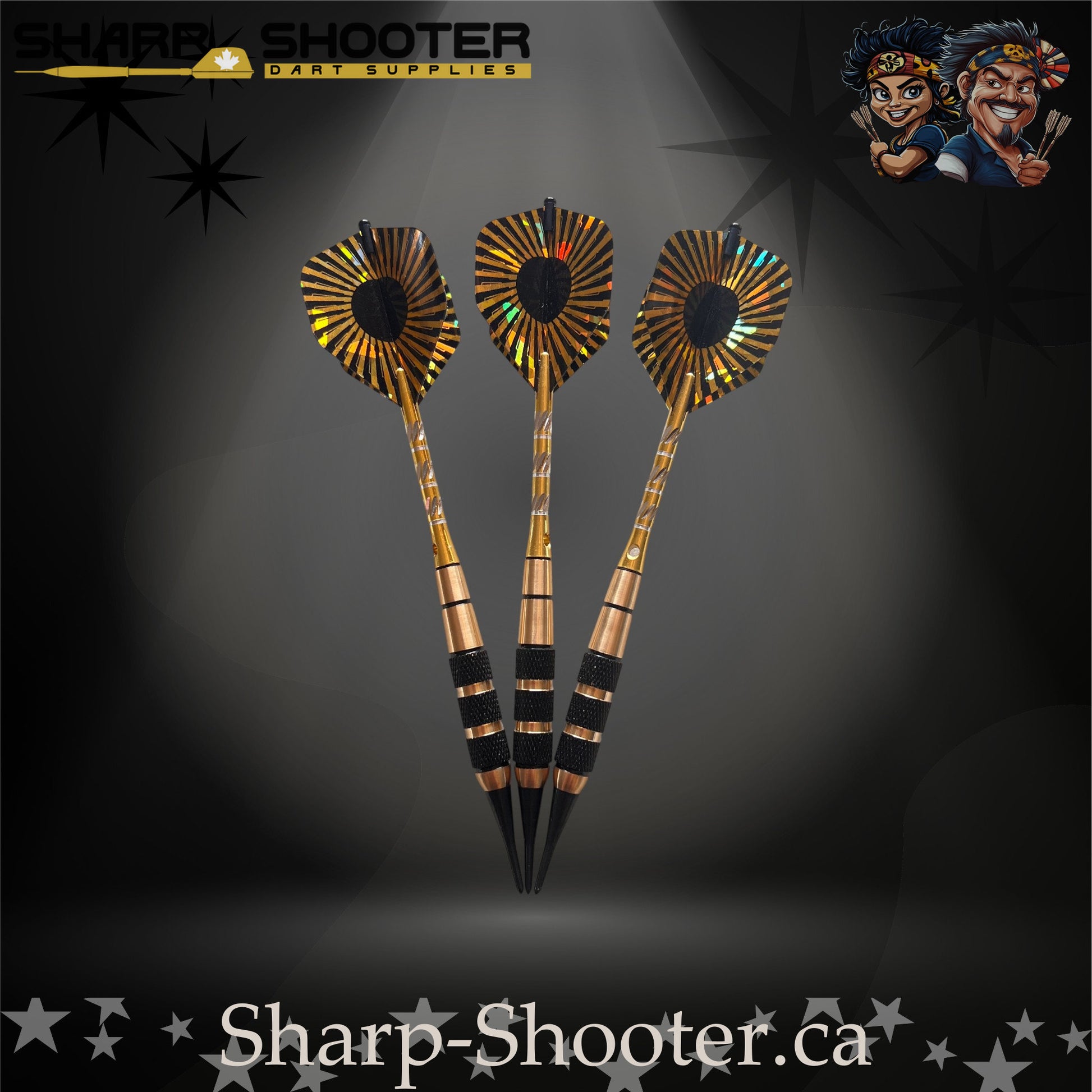 Mercenary soft-tip dart set featuring black plastic tips, gold-and-black textured barrels, and holographic fan-style flights photographed on a dramatic studio backdrop – Sharp Shooter Dart Supplies